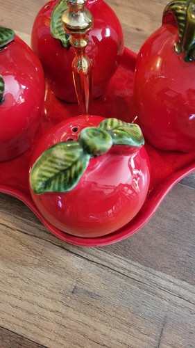 MCM '50s California Originals Pottery Strawberry Oil Vinegar Salt Pepper w/ Tray - Picture 4 of 5
