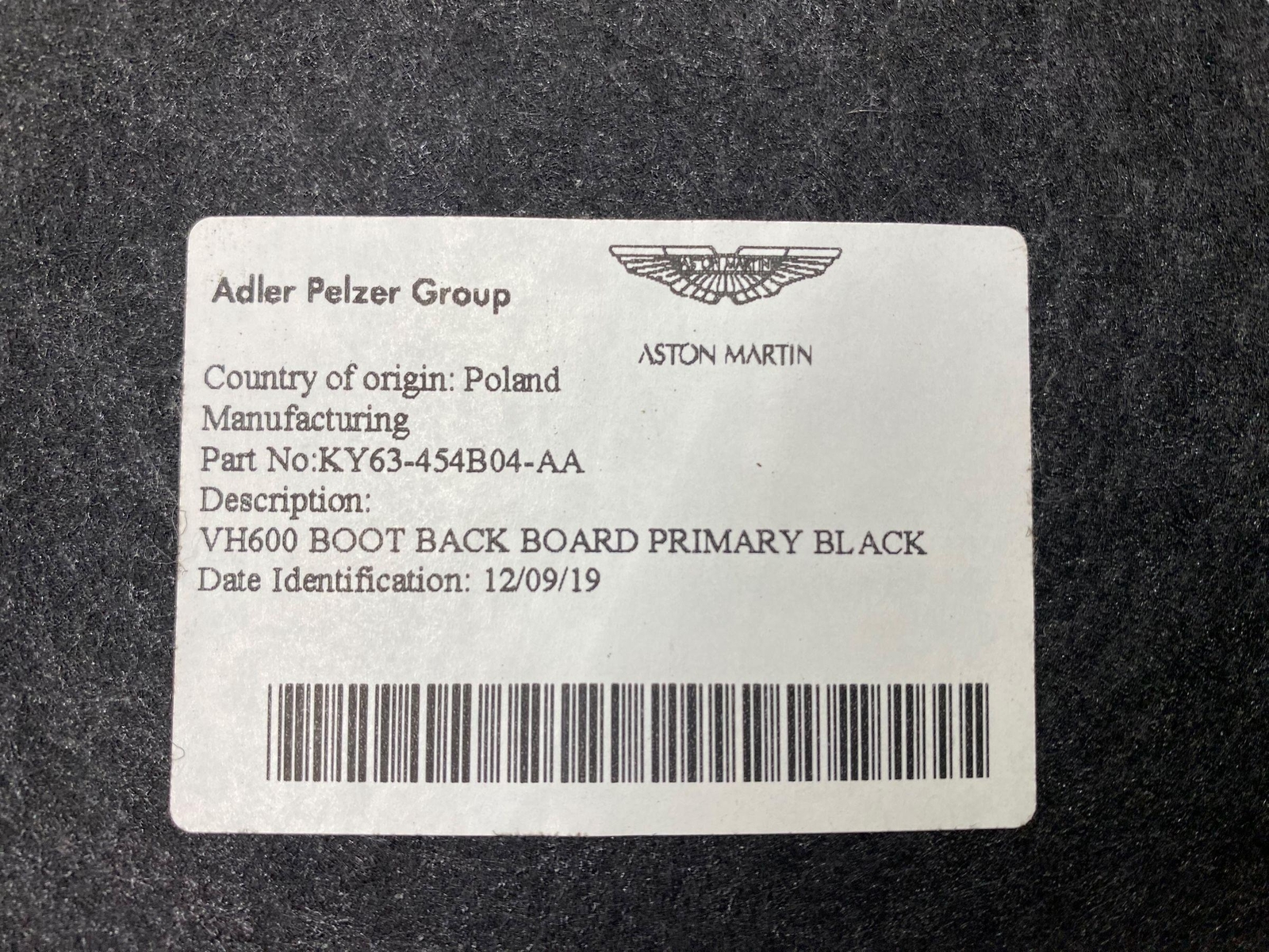 2020 - 2023 ASTON MARTIN VANTAGE REAR TRUNK BACK WALL CARPET MAT BLACK OEM