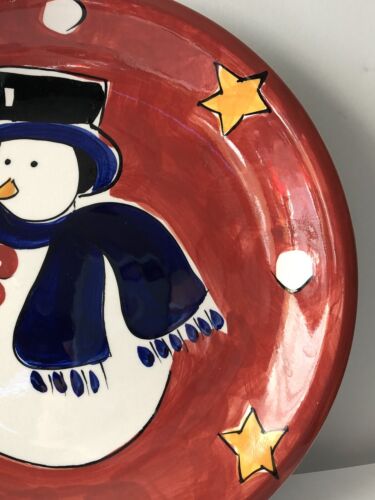 Gibson Housewares Christmas Dessert Plate Red with Snowman Stars & Snowballs 8" - Picture 5 of 8