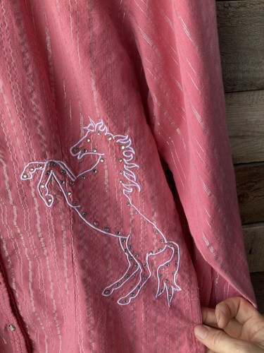 Vintage Western Embroidered Button Up Shirt Size Juniors Large Pink Glitter Pony - Picture 3 of 4