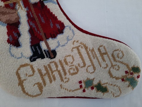 Wintex 21" Wool & Velvet Needlepoint A Merry Christmas Stocking Santa w/ Toy Bag - Picture 4 of 12