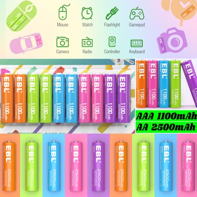 EBL 1.2V AA AAA Rechargeable Batteries Colorful 2500mAh 1100mAh NiMH Battery LOT