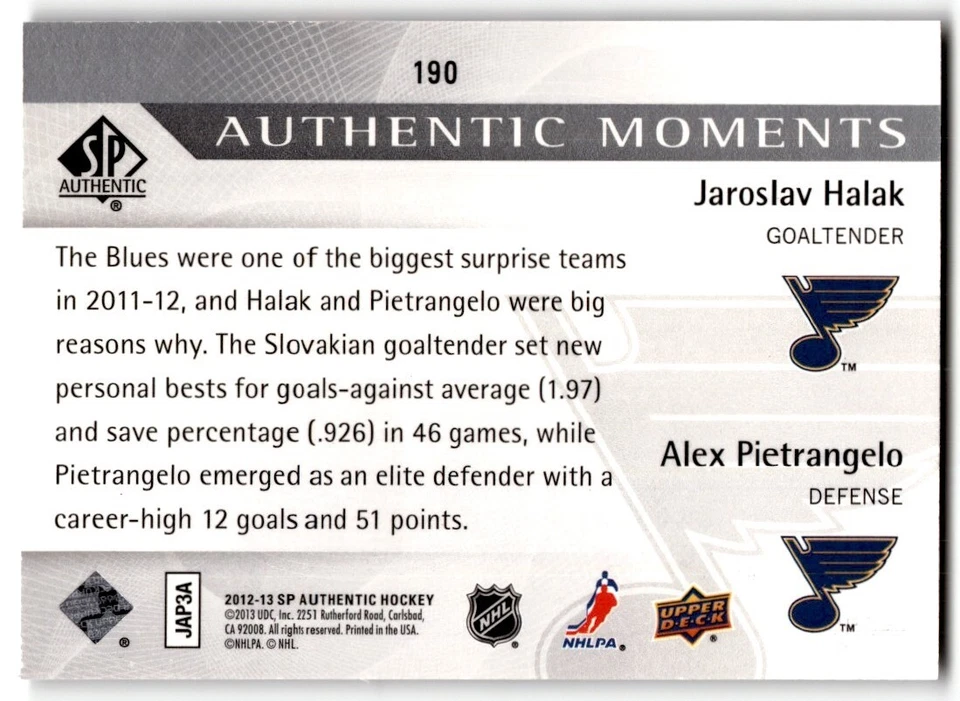 2012-13 SP Authentic Moments Jaroslav Halak/Alex Pietrangelo #190 St. Louis - Image 2 of 2