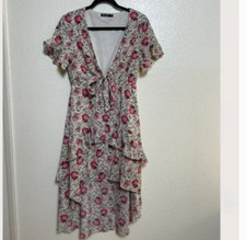 Nasty Gal Floral Hipster Hippie Festival Ruffle Long V Neck Tie Flutter Dress