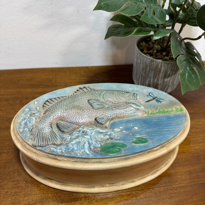 Vintage Largemouth Bass Fishing Trinket Box Ceramic Oval 1991 Handmade Dad Gift