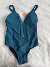 New NWT Kona Sol Blue Ribbed Front Zipper One Piece Swimsuit Size XL