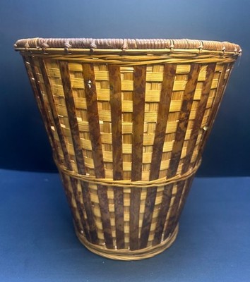 Vintage Rattan Wicker Waste Basket Tortoise Cane Weave Bamboo Cottagecore 10''