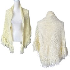 Vtg handmade yellow Knit Fringe Shawl crochet flower floral boho festival top
