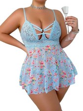 Women Plus Size Lace Lingerie Flower Print Nightwear Hollow Out Babydoll Chem...