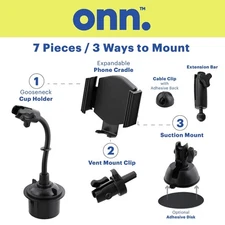 7-in-1 ONN Universal Car Phone Mount Kit Cup Holder Vent Dash Windshield