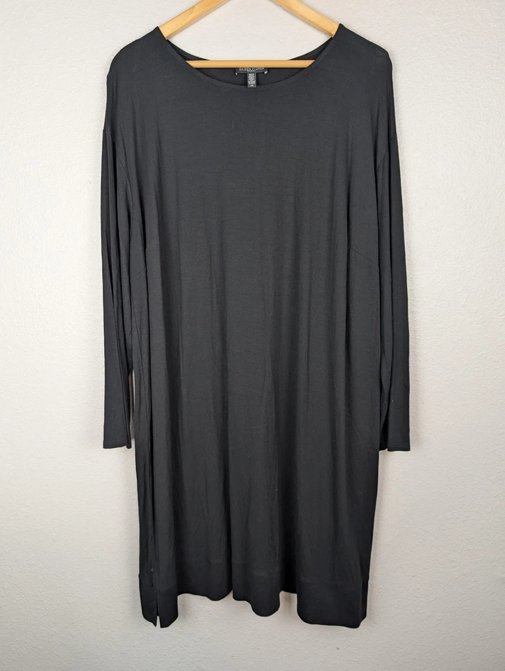 Eileen Fisher 连衣裙女式 2X 黑色长袖低圆领束腰外衣美国制造 — 第 2/4 张图片