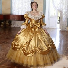 Elegant Gold Victorian Prom Dress Historical Civil War Ruched Bow Evening Gowns