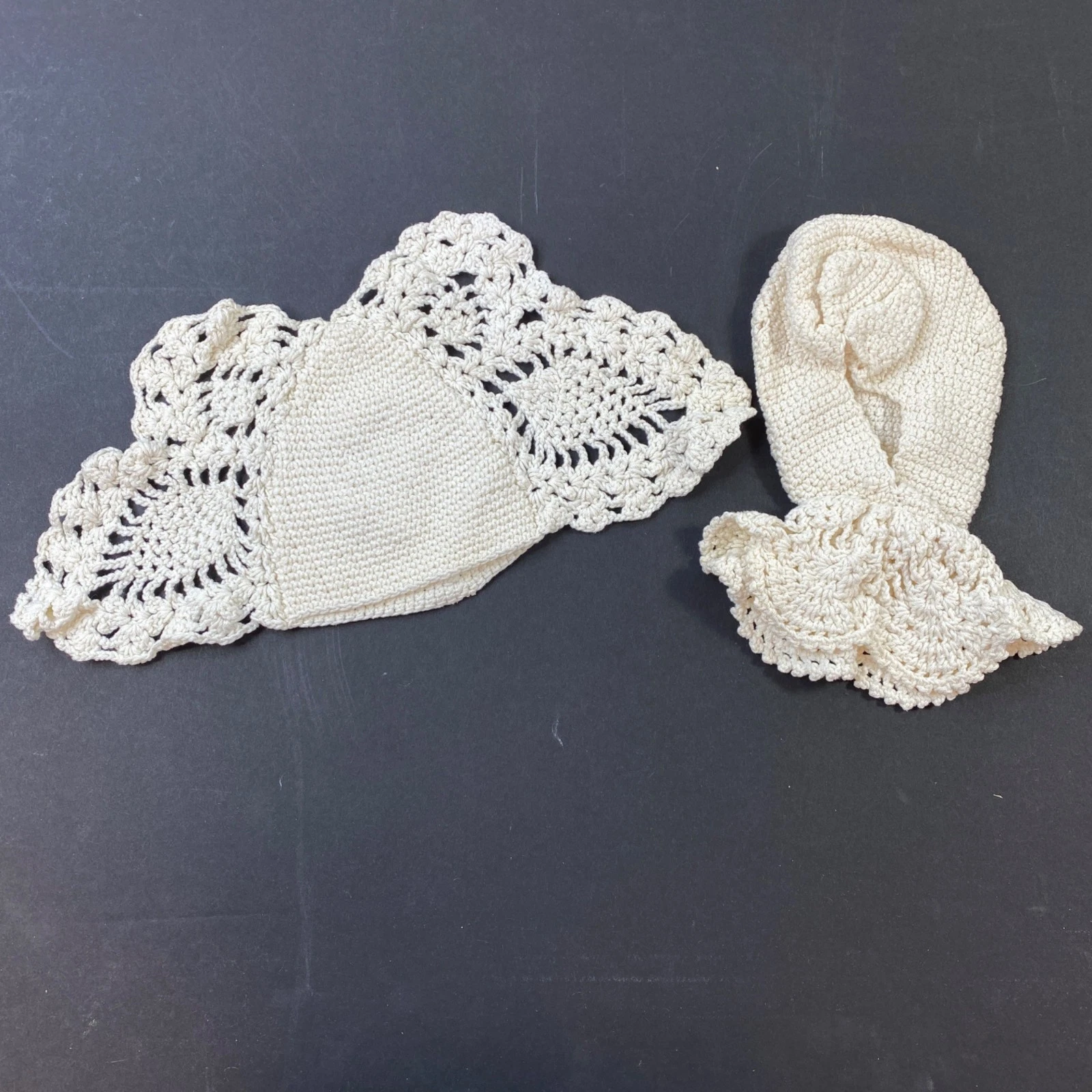 Vintage Handmade Crochet Cotton Baby Bonnet & Bib Set