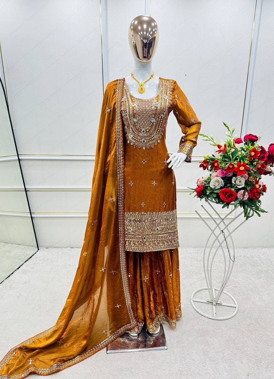 New Mustard Yellow Fendy Silk Top Palazzo With Dupatta For Women & Girls Wear thumbnail 2