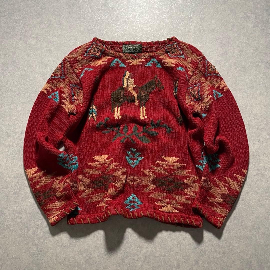 Vintage Polo Country Ralph Lauren Hand Knit Chief Horse Sweater M