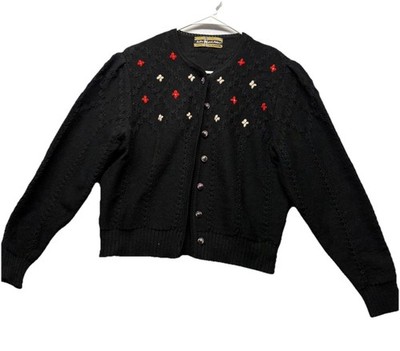 Kitz Pichler Black Wool Chunky Knit Cardigan Women s Medium Austria Embroidered
