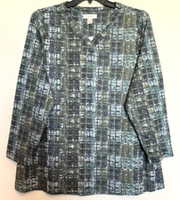 CJ Banks Size 3X Plaid print V Neck top, long sleeves, Teal, Blue, Olive  NWT