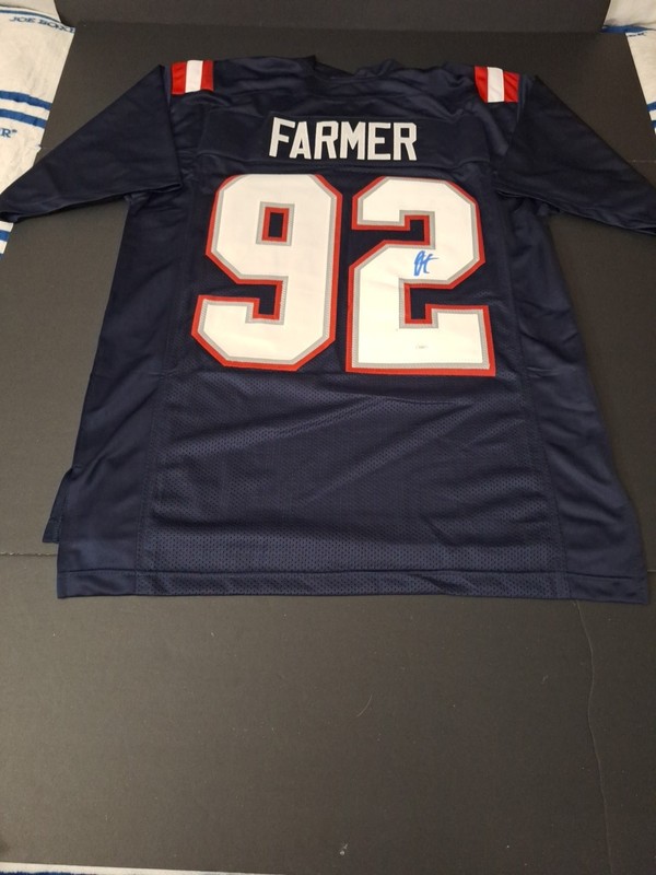 JOSHUA FARMER NEW ENGLAND PATRIOTS AUTOGRAPHED CUSTOM BLUE XL JERSEY JSA COA