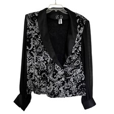 Alex Evenings Black Paisley Print Satin Shawl Collar Chiffon Long Sleeve Jacket