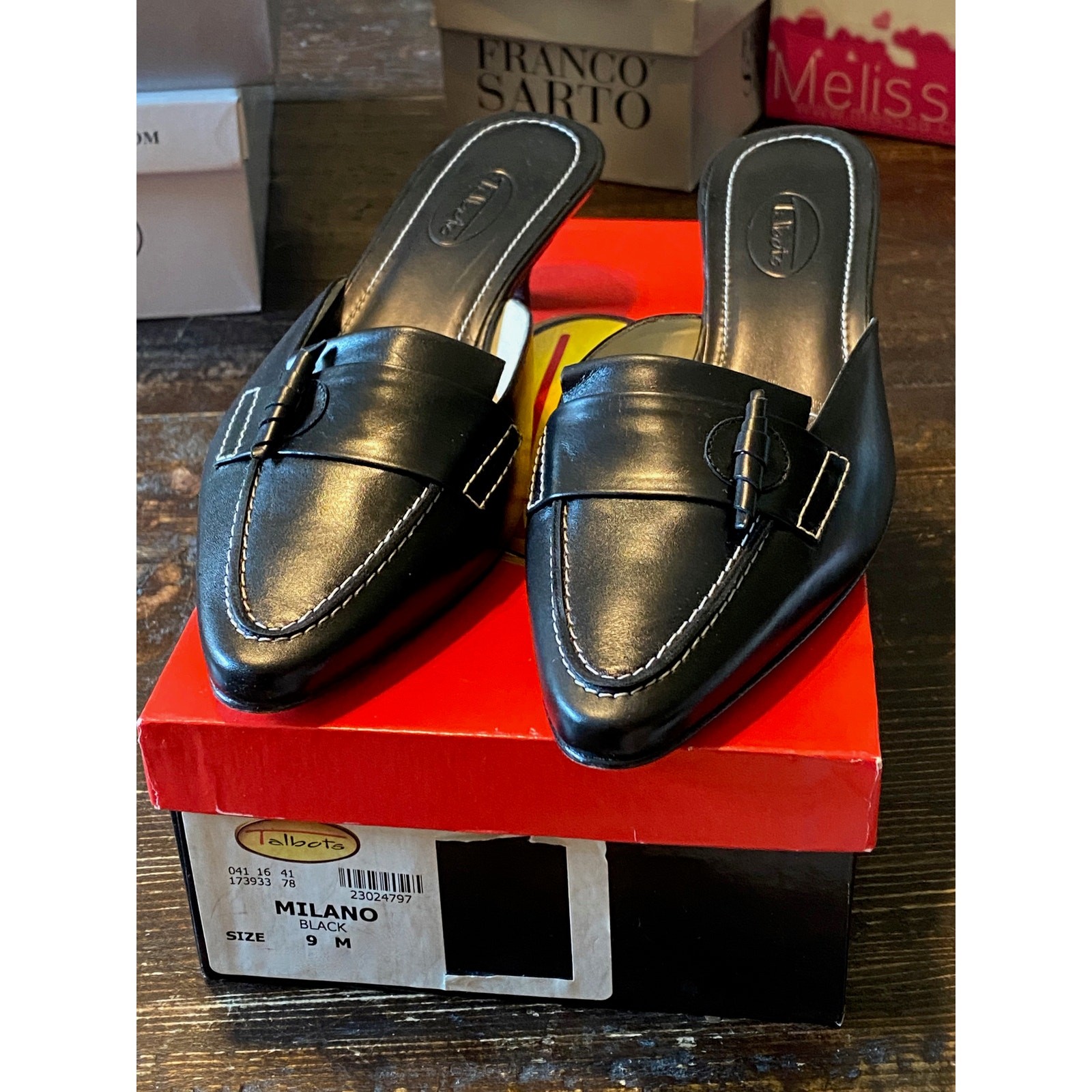 Talbots Womens Heels Milano Mules Kitten Heel Leather Slip On Black Size 9M NIB