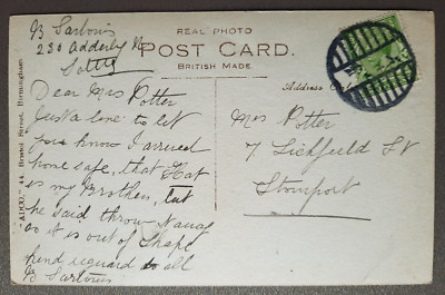 Postcard Birmingham Town Hall.RP.Clear Postmark Large Barred Circle c1914