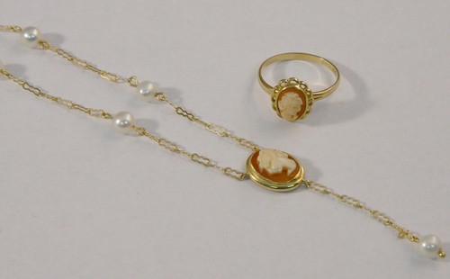 14k Yellow Gold Cameo Necklace (16") & Ring (Size 5) Set - Picture 2 of 2