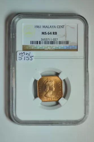 mw5155 Malaya; Bronze Cent 1961  NGC MS64 RB KM#5