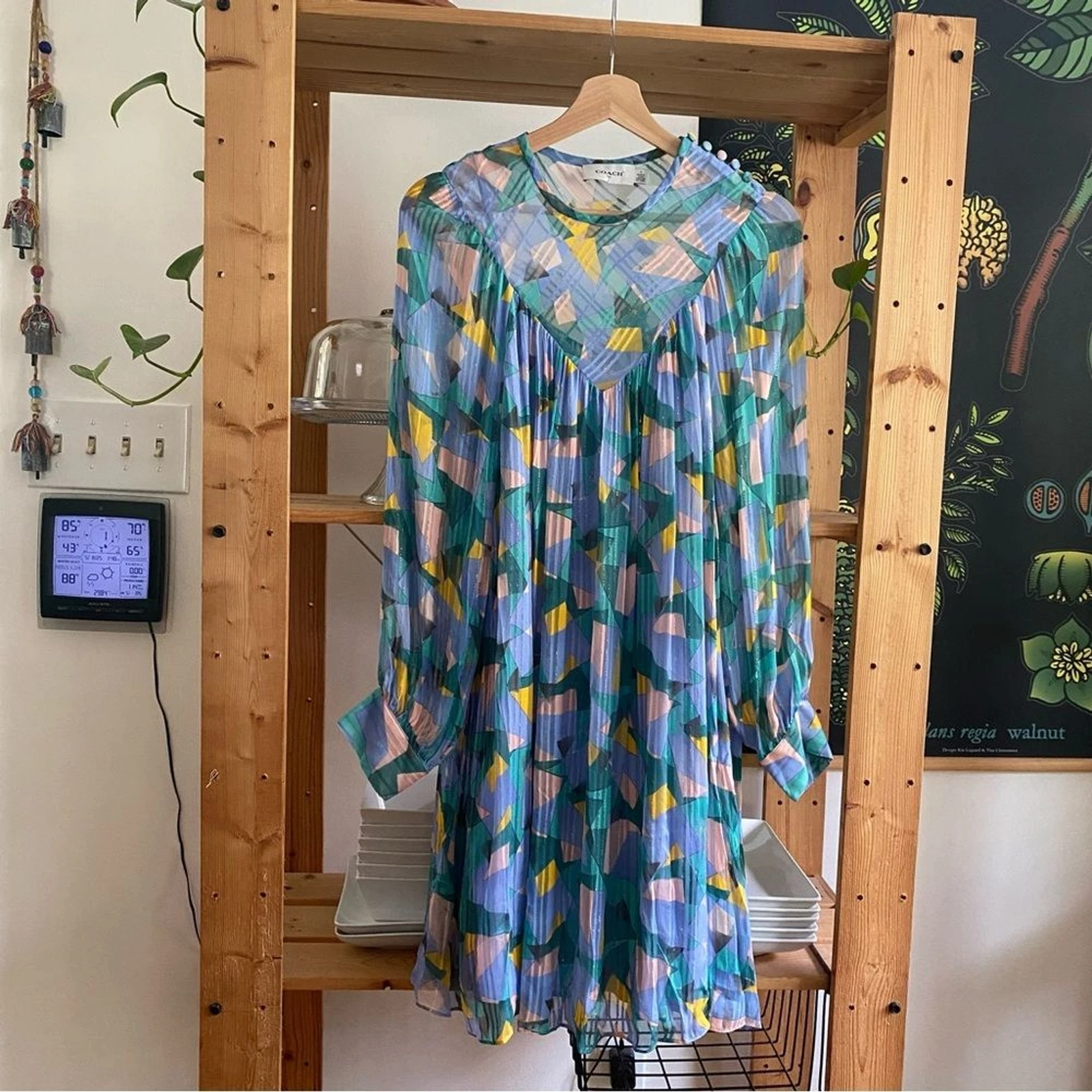 Mini abito Coach colorato audace Geo Yoke manica lunga