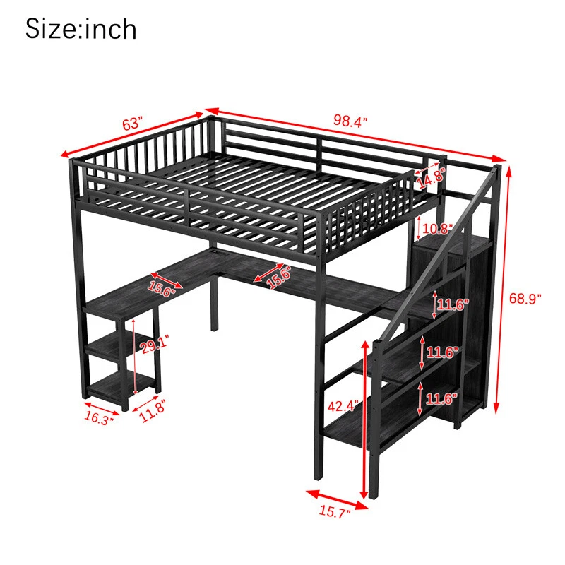 Queen Metal Loft Bed w/Wardrobe,LED Light,L Shaped Desk and USB for Teens Adults - Image 2 of 4
