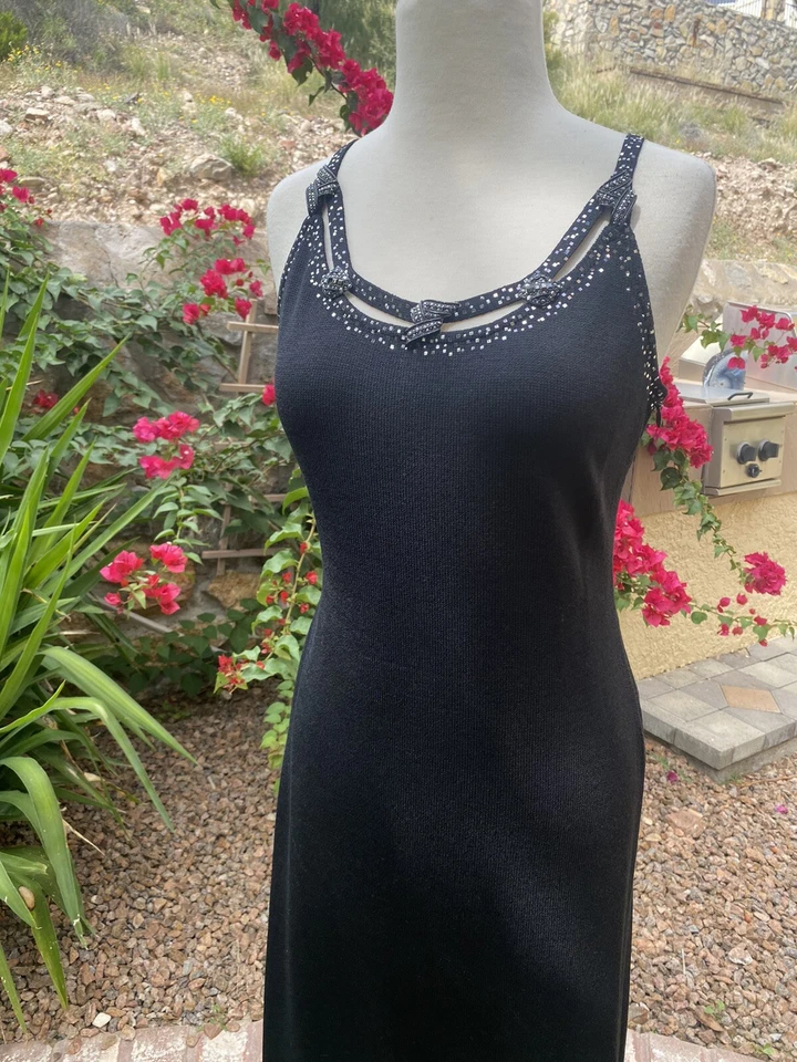 Maxi Vestido De Colección St John Evening by Marie Gris Formal Tejido Negro Talla 4 Foto 4 de 4