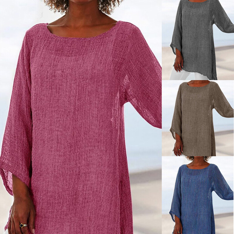 Womens Striped O Neck Baggy Blouse Ladies Cotton Linen Tunic Tops Plus