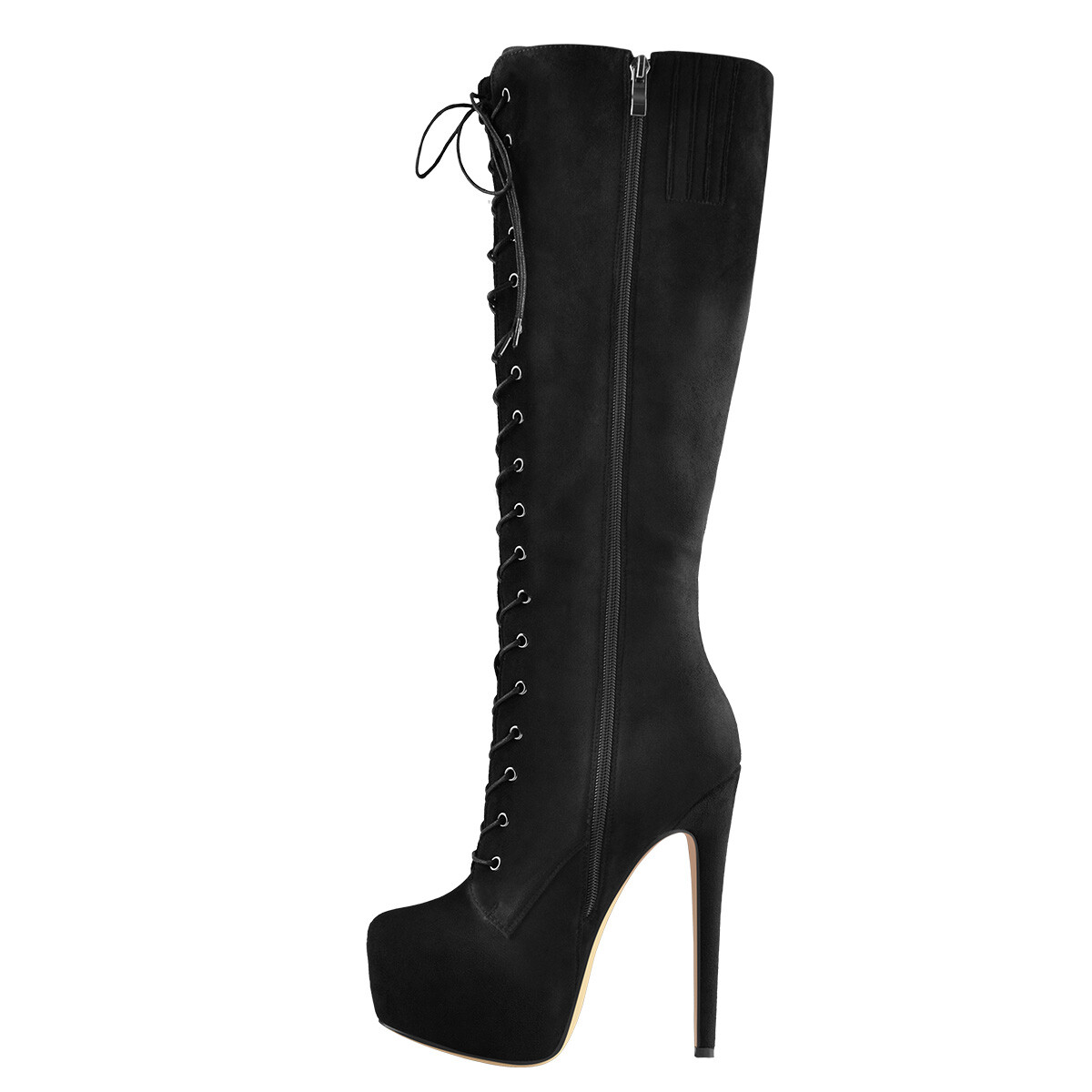 Women's Platform Lace Up Round Toe Zip Calf Stiletto High Heels Knee High Boots