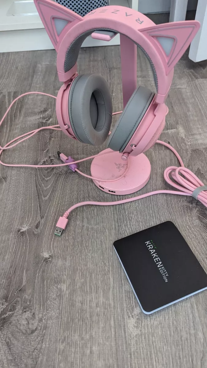 Razer Kraken Kitty, RGB USB Gaming Headset with Microphone, Pink and Base