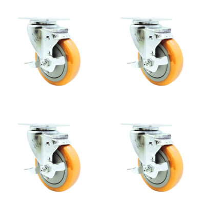 4 Inch Yellow Polyurethane Wheel Swivel Top Plate Caster Set with Brake SCC