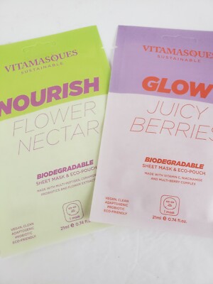 2-Vitamasques Nourish- Flower Nectar/Glow-Juicy Berries Sheet Mask Probiotic NEW