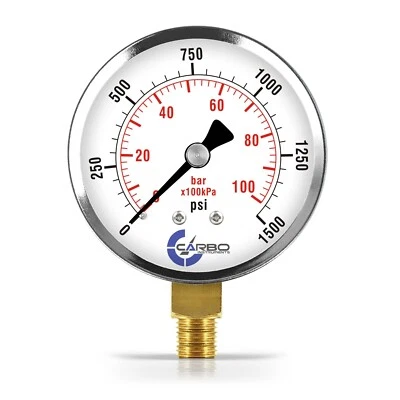 CARBO INSTRUMENTS 2-1/2" Pressure Gauge - Chrome Plated Steel Case, 1/4"NPT, Lower Mnt. 1500 PSI