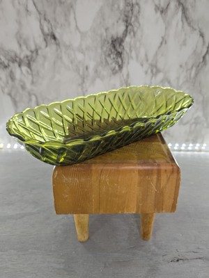 1970's Indiana Glass Avocado Green Glass Bread Dish with Wicker Pattern