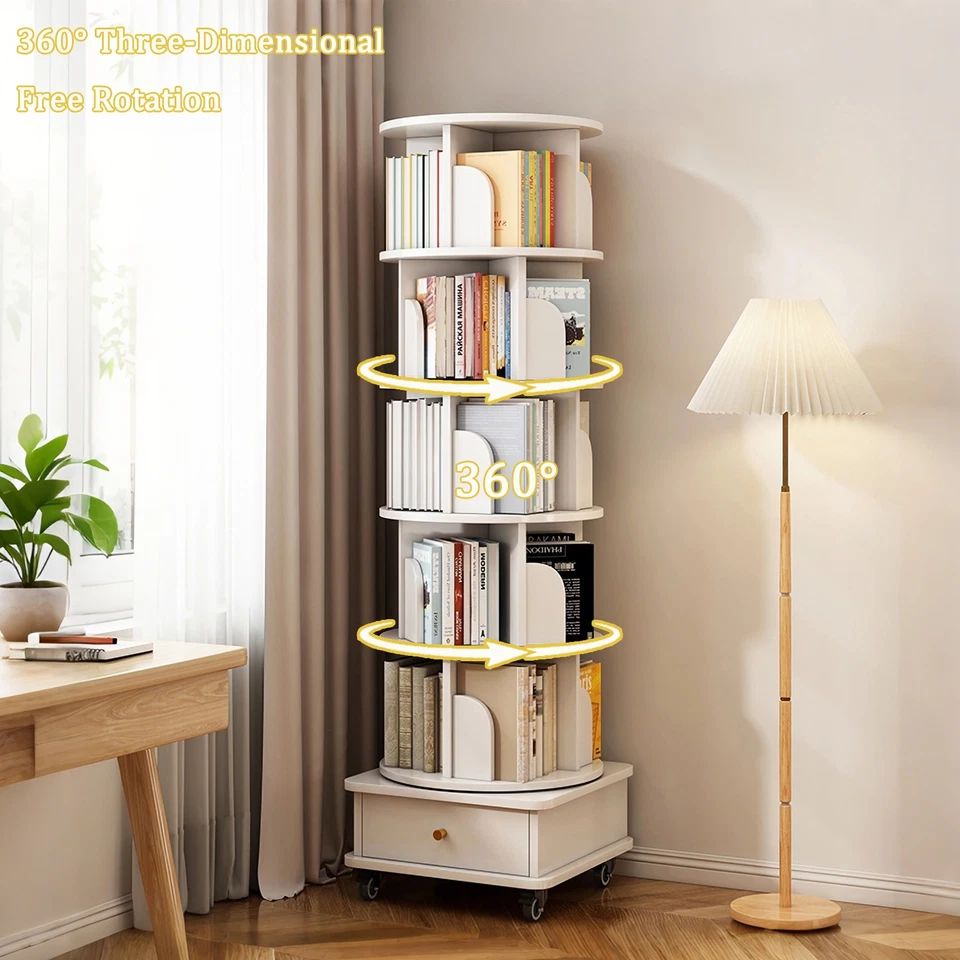 6 Tier Rotating Bookshelf, 360° Display Round Spinning Bookshelf w/ Drawer HOT - Image 2 of 4