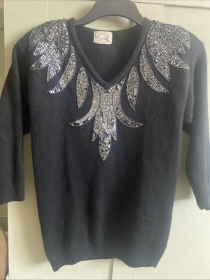 Vintage Travilla Perlen Angora & Lammwolle schwarz Pullover | Größe 12 - Bild 1 von 4