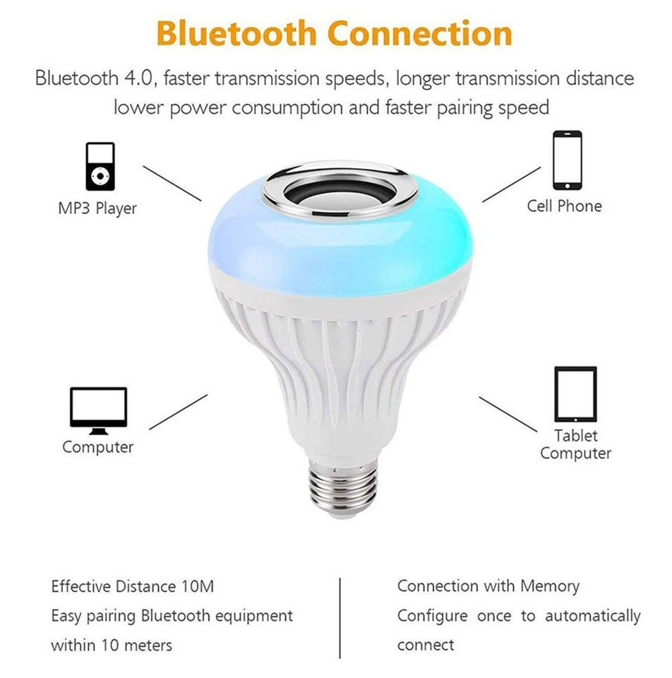 E27 LED RGB Light Bulb 12W with Bluetooth Speaker Remote Control Color Changing - Image 3 of 4