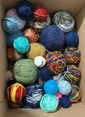 Random lot of 32 yarn balls/cakes - vty sizes/colors/thickness - 6+ pounds