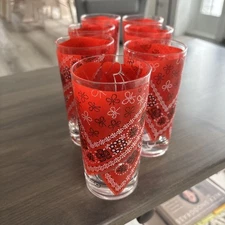 Vintage 6 Cora Bandana Western Drinking Glasses  Tumbler High Ball  one free