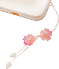 Handmade Cute Pink Cherry Blossom Beads Phone Lanyard, Kawaii Braided Flower Mob