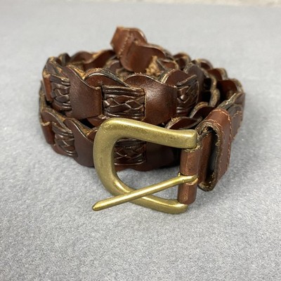 GH Bass Leather Belt Womens Medium Brown Braided Woven Brass Buckle Casual