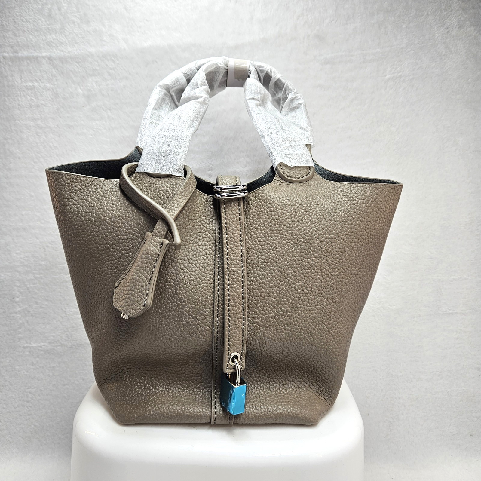 Vegan Leather Bucket Tote Handbag w/ Lock Taupe Shoulder Bag