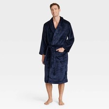 Men's Solid Plush Robe - Goodfellow Co Navy Blue S/M