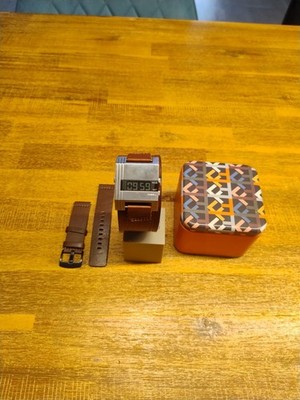 Fossil Uhr Digital Vintage Retro Herren,JR9l22, neue Batterie, Edelstahl Leder, 