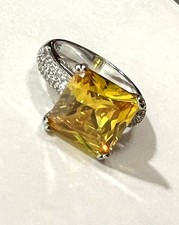 SILVER Elegant Yellow Citrine  White Topaz Rectangular Ring