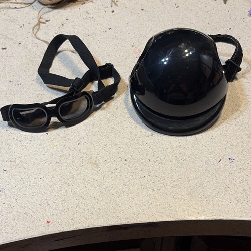 Black helmet and Goggles Set Plastic Faux Leather Foam Adjustablle dog    XS