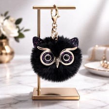 Furry Owl Pom Pom Bag Charm- Keychain Black